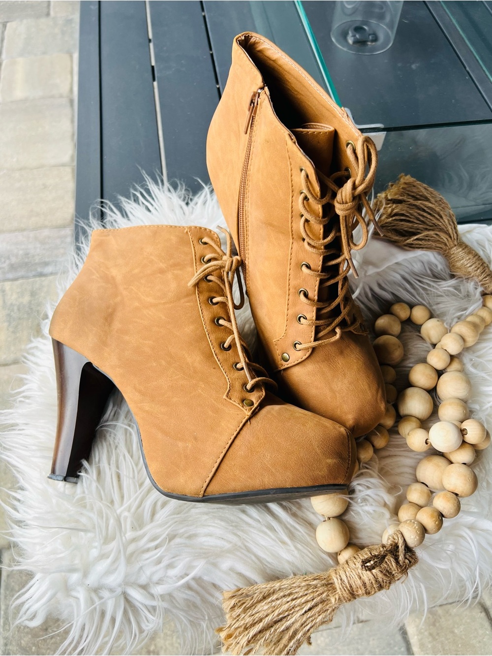 Ashley Stewart Tan Lace-Up High Heel Ankle Booties